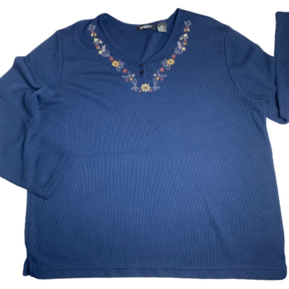 Speculation Navy Blue Knit Top Embroidered Neck Long Sleeves EUC 2X